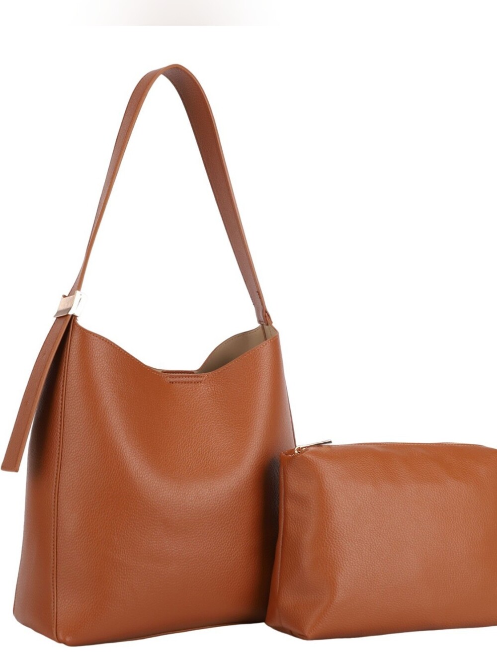 Classic Cognac Vegan Leather Shoulder Tote with Pouch
